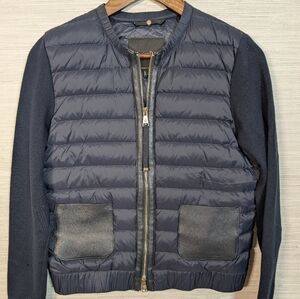 Massimo Dutti Quilted Down Bomber Jacket With Leather Patch Pockets Navy Blue Sm